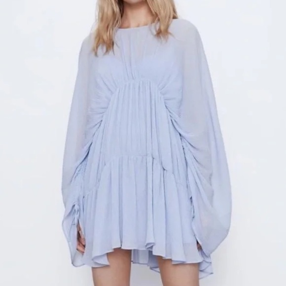 Zara | Dresses | Zara Light Blue Sheer Flowy Tiered Mini Dress | Poshmark